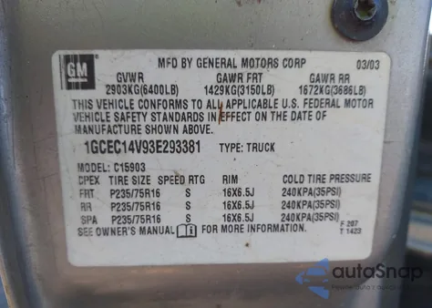 2003 Chevrolet Silverado 1500 Ls z USA, uszkodzony, nr VIN 1GCEC14V93E293381